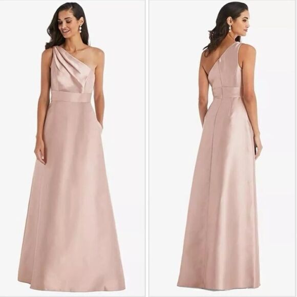 New! Alfred Sung Draped One-Shoulder Satin Maxi Dress in Toasted Sugar size 14R
